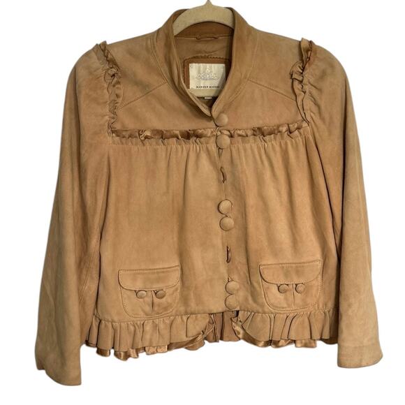 Madison Marcus Suede Leather & Silk Jacket Women's S Ruffle Trim Tan Camel Crop - Picture 1 of 7